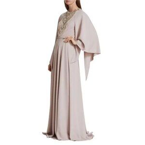 Reem Acra Crystal-Emebllished Cape-Sleeve Gown